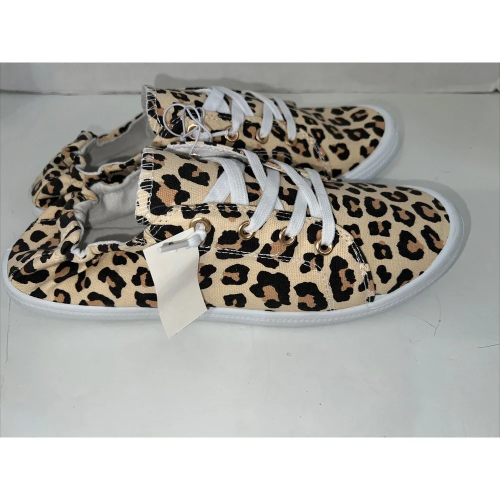 Leopard Women‎ Lace Up Canvas Shoes Low Top Slip On Sneakers Walking Flats Shoes